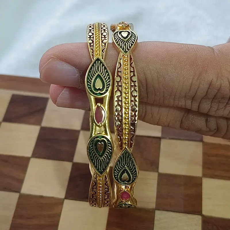 Fashionable Mor Pankh Heart Design Gold Plated Oval AD Bangles Kadli - Image 5