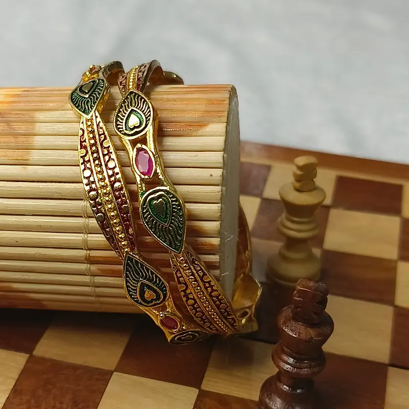 Fashionable Mor Pankh Heart Design Gold Plated Oval AD Bangles Kadli - Image 2