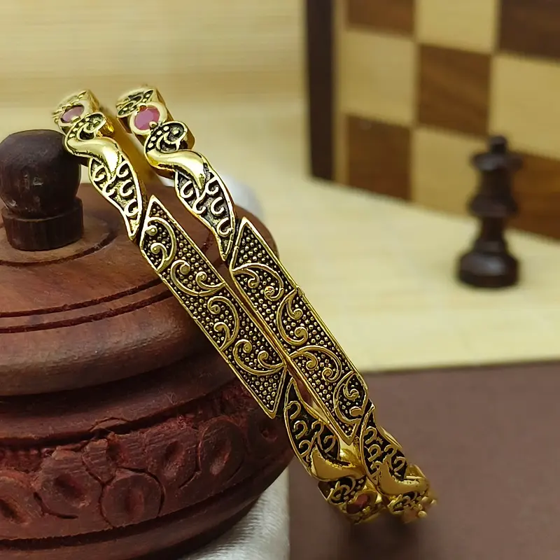 Unique Peacock Mor Oxidised Gold Plated Ad Stone Bangles Kadli - Image 4