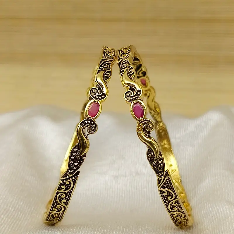 Unique Peacock Mor Oxidised Gold Plated Ad Stone Bangles Kadli - Image 2