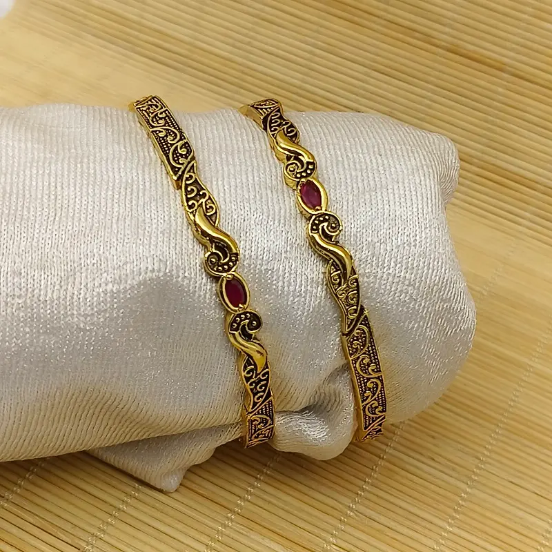 Unique Peacock Mor Oxidised Gold Plated Ad Stone Bangles Kadli - Image 5