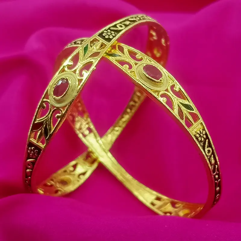 Premium Oval Stone Fancy Kadli Oxidised Gold Plated Bracelet Bangles - Image 2