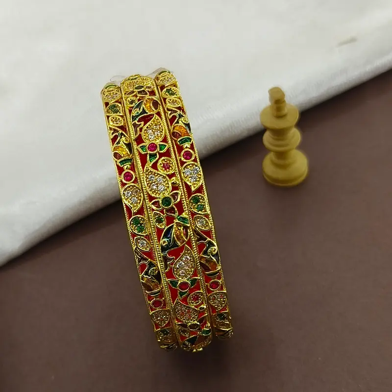 Attractive Carry & Jalpari Design with American Diamond Gold Plated Minakari Chooda Bangles - Image 6