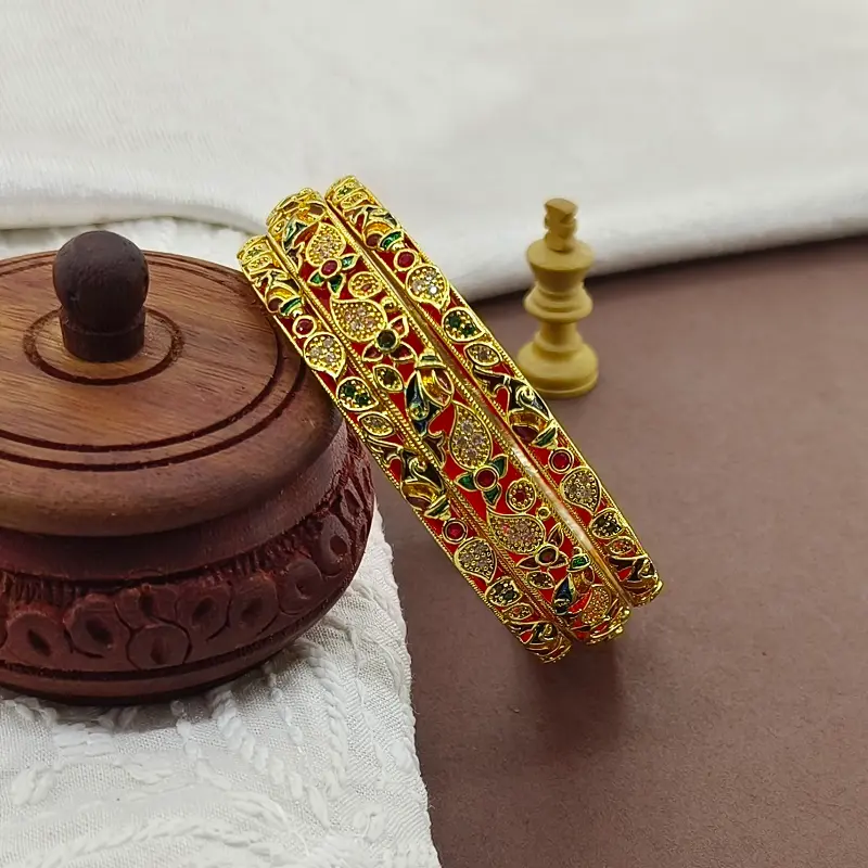Attractive Carry & Jalpari Design with American Diamond Gold Plated Minakari Chooda Bangles - Image 2