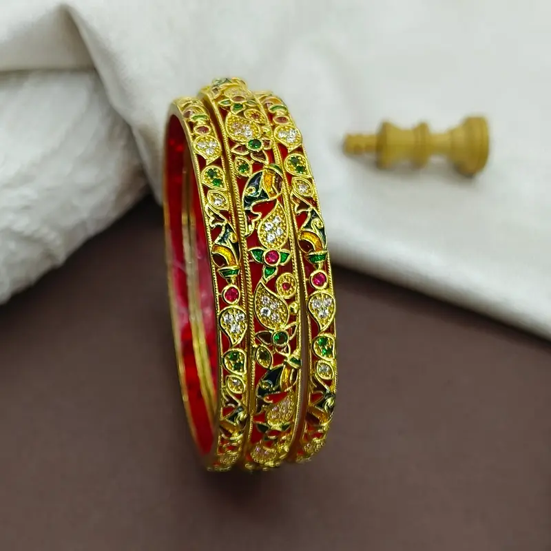 Attractive Carry & Jalpari Design with American Diamond Gold Plated Minakari Chooda Bangles