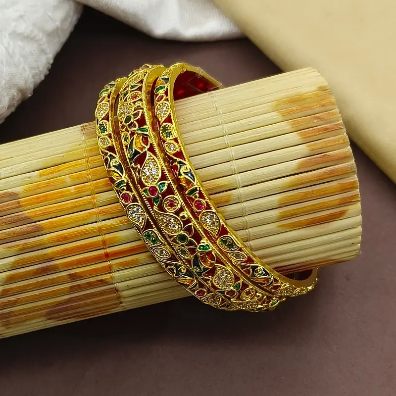 Attractive Carry & Jalpari Design with American Diamond Gold Plated Minakari Chooda Bangles - Image 4
