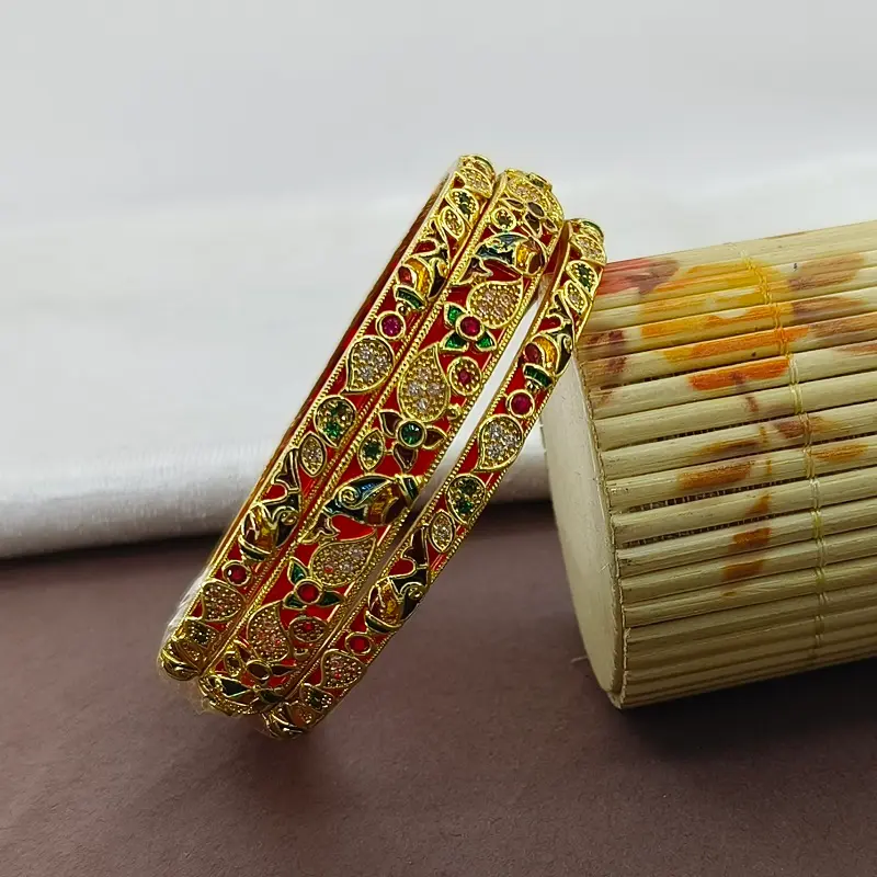 Attractive Carry & Jalpari Design with American Diamond Gold Plated Minakari Chooda Bangles - Image 3