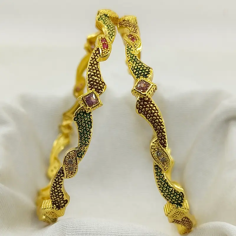Attractive Wave Style Multi-Colour Oxidised Gold Plated Square American Diamonds Bangles - Image 2