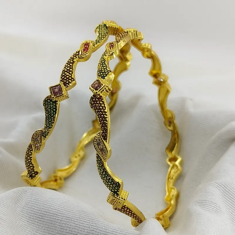 Attractive Wave Style Multi-Colour Oxidised Gold Plated Square American Diamonds Bangles - Image 3