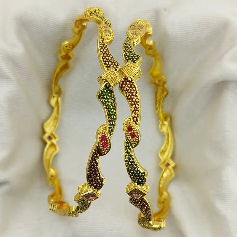 Attractive Wave Style Multi-Colour Oxidised Gold Plated Square American Diamonds Bangles - Image 4