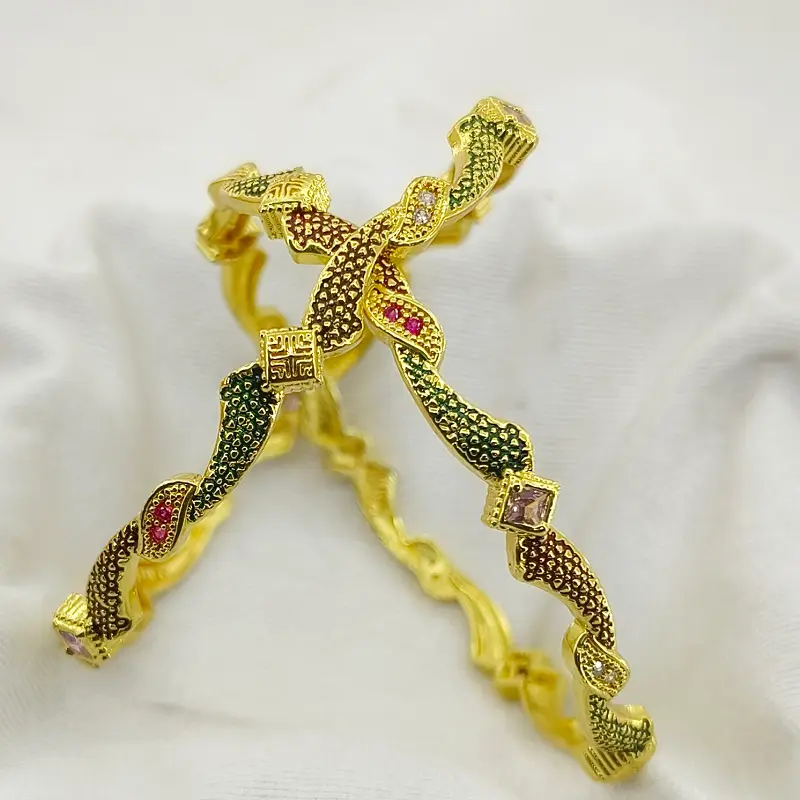 Attractive Wave Style Multi-Colour Oxidised Gold Plated Square American Diamonds Bangles - Image 5