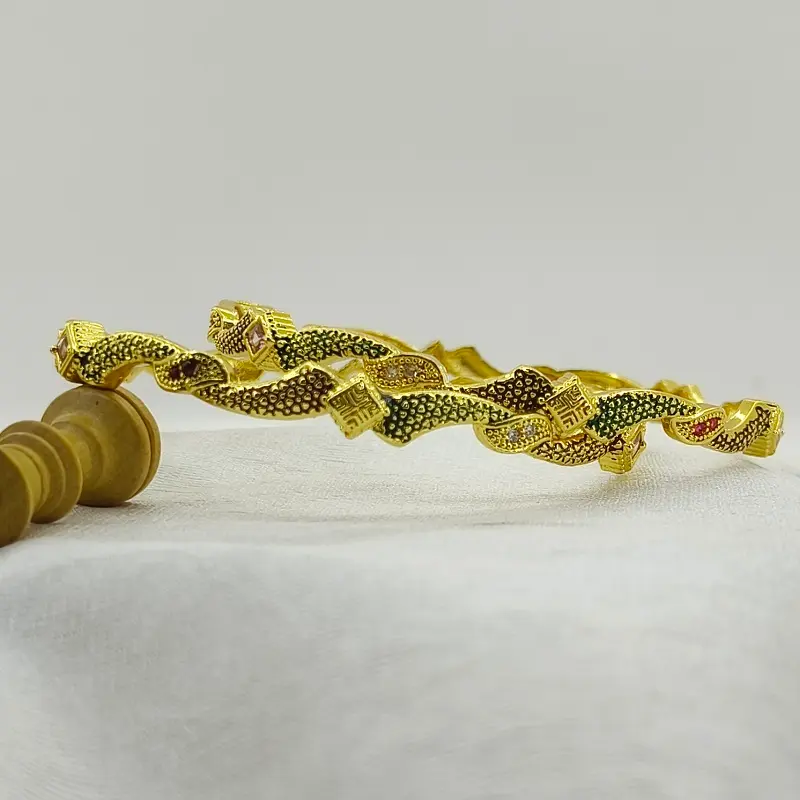 Attractive Wave Style Multi-Colour Oxidised Gold Plated Square American Diamonds Bangles - Image 6