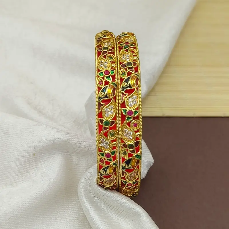 Classical Flowers & Jalpari Design with Minakari AD Gold Plated Bangles Kadli - Image 5