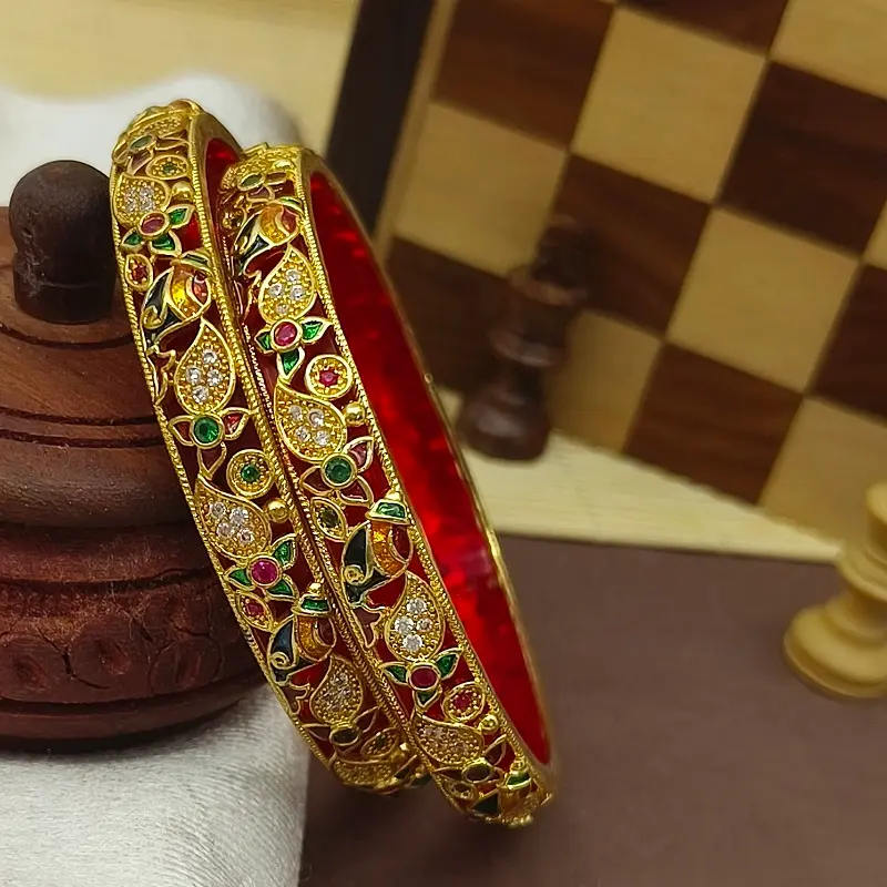 Classical Flowers & Jalpari Design with Minakari AD Gold Plated Bangles Kadli - Image 6
