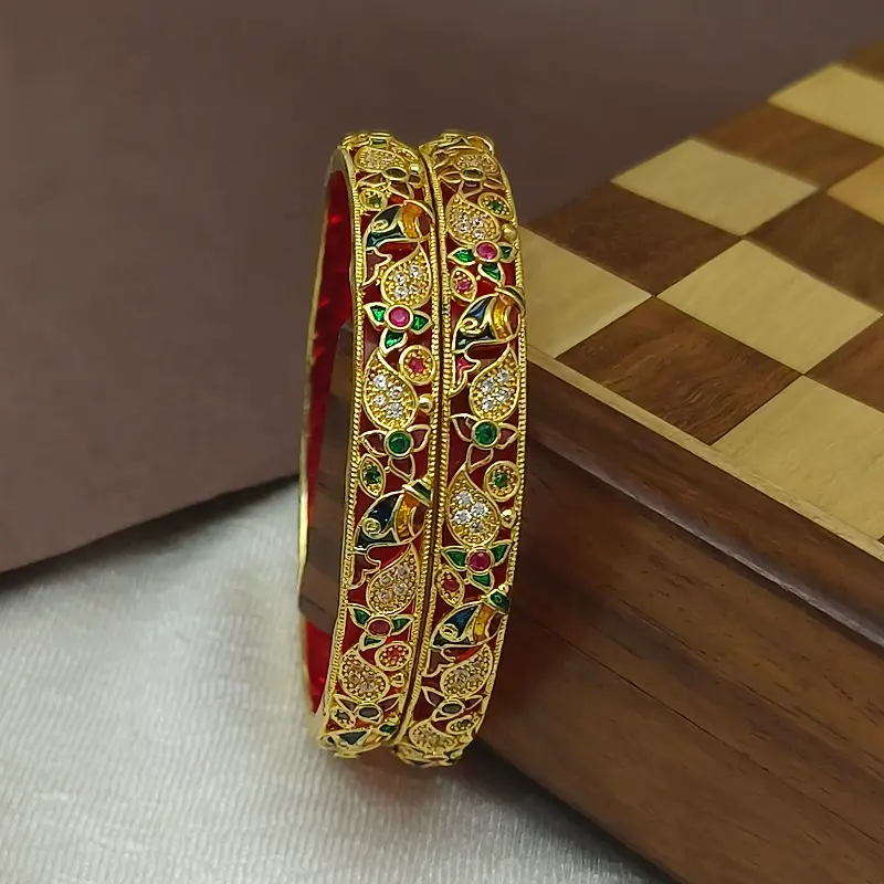 Classical Flowers & Jalpari Design with Minakari AD Gold Plated Bangles Kadli - Image 2