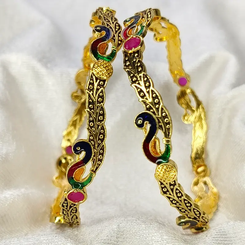 Designable Peacock Mor Minakari Gold Plated American Diamond Bangles Kangan - Image 2