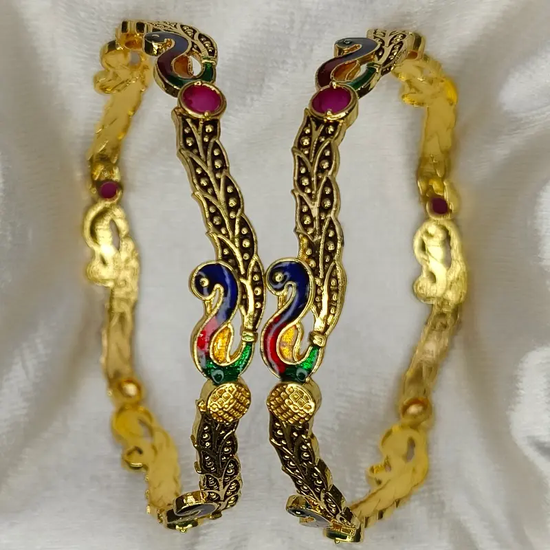 Designable Peacock Mor Minakari Gold Plated American Diamond Bangles Kangan - Image 4