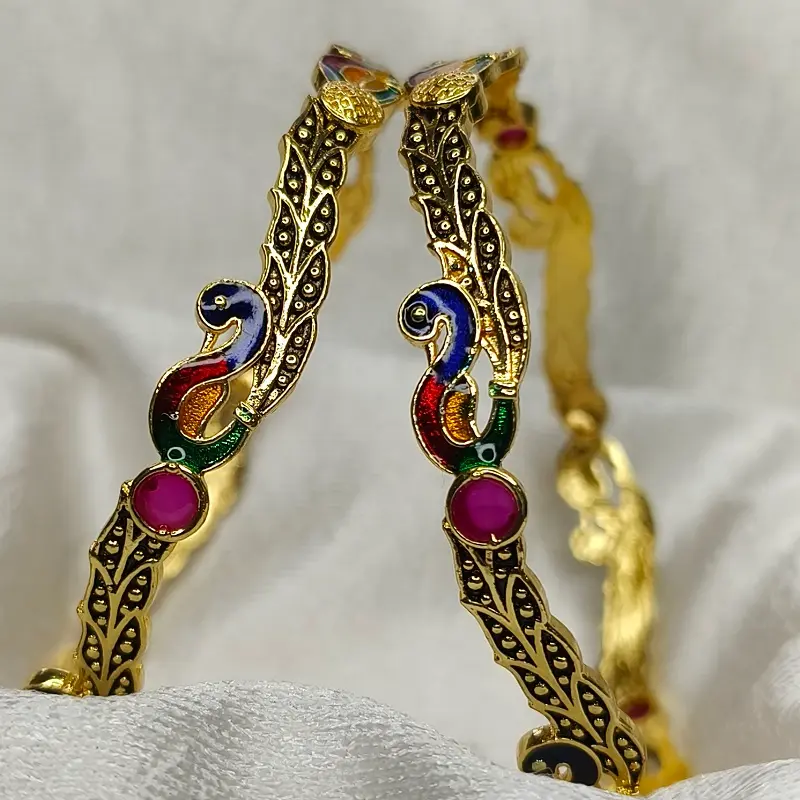 Designable Peacock Mor Minakari Gold Plated American Diamond Bangles Kangan