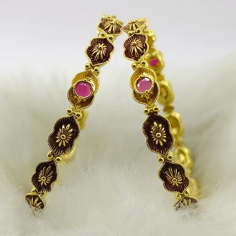Fancy Flower Dot Multi-Colour Oxidised Gold Plated Round Ad Bangle Chudi Kadli - Image 2