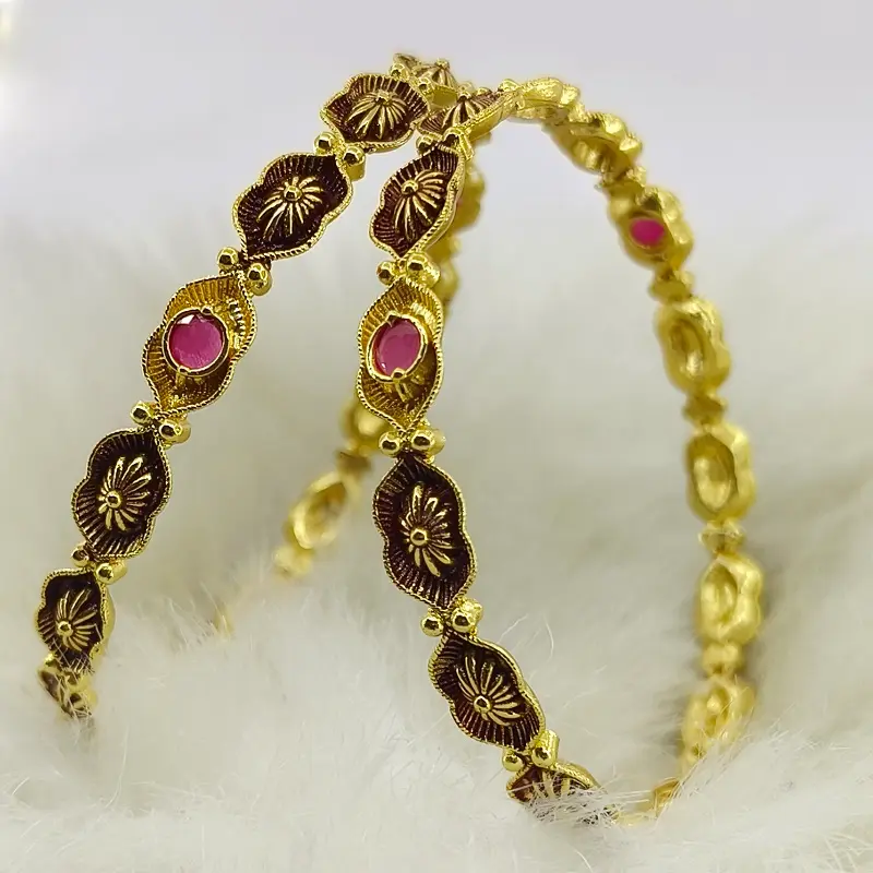 Fancy Flower Dot Multi-Colour Oxidised Gold Plated Round Ad Bangle Chudi Kadli - Image 3