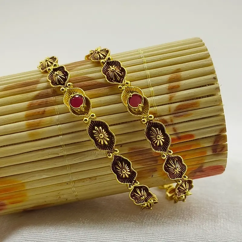 Fancy Flower Dot Multi-Colour Oxidised Gold Plated Round Ad Bangle Chudi Kadli - Image 6