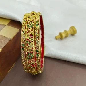 Fancy Flower & Half Moon Design With American Diamond Gold Plated Minakari Chooda Bangles