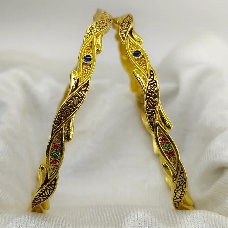 Fancy Leaves Gold Plated American Diamond Bangles Chudi Kadli - Image 2
