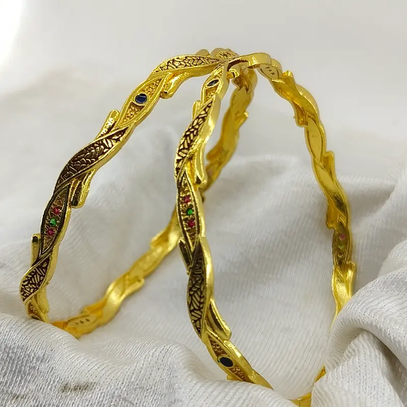 Fancy Leaves Gold Plated American Diamond Bangles Chudi Kadli - Image 5