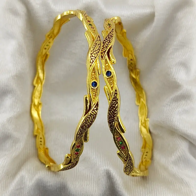 Fancy Leaves Gold Plated American Diamond Bangles Chudi Kadli - Image 3
