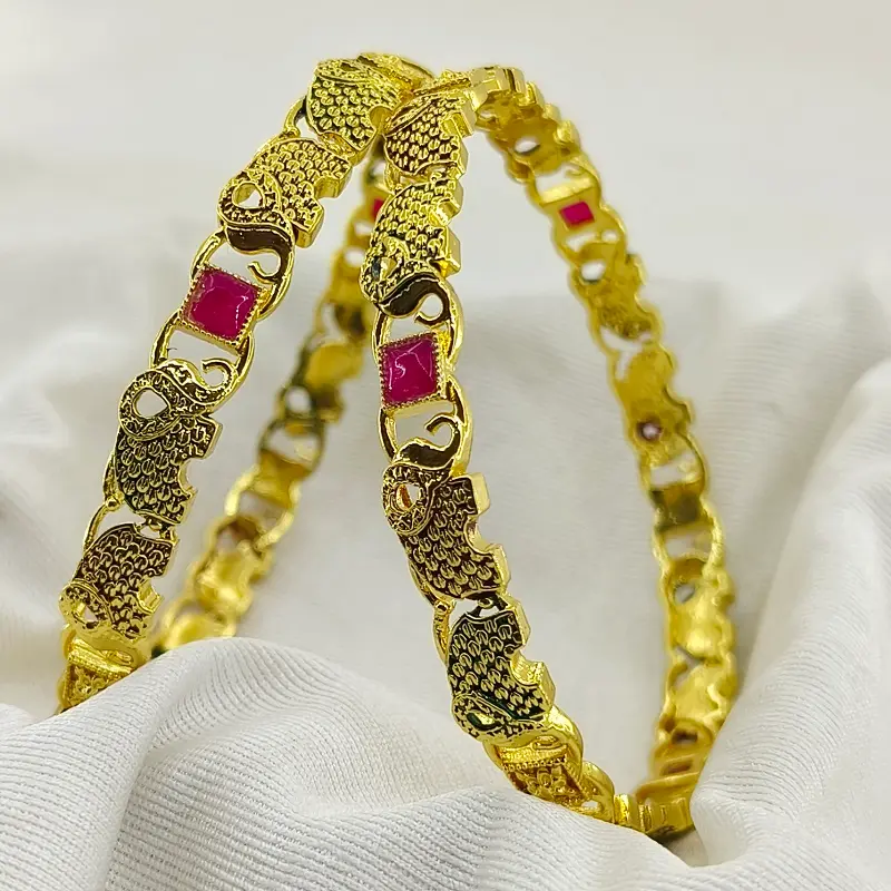 Fashionable Doted Elephant Design Gold Plated Square AD Bangles Kadli - Image 2
