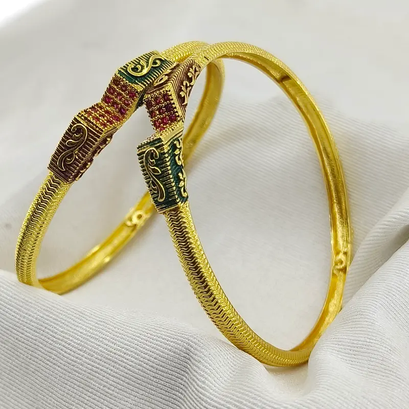 Pretty Green & Red Oxidised Gold Plated Ad Bangles Chudi Kadali - Image 3