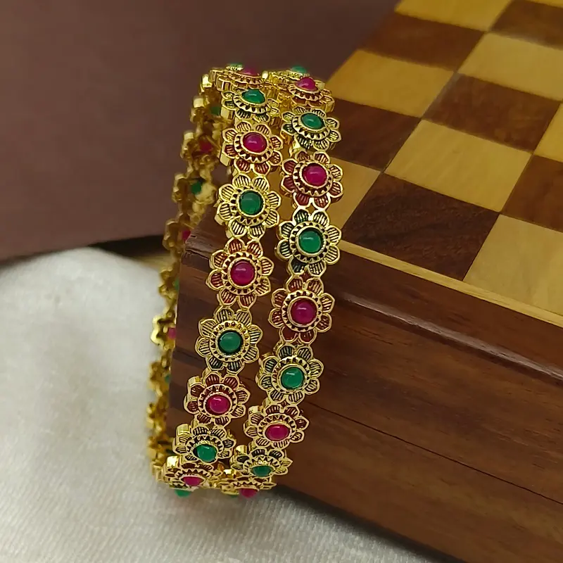 Roundly Sunflower Design Multi-Colour Oxidised Gold Plated Bangle Kadli