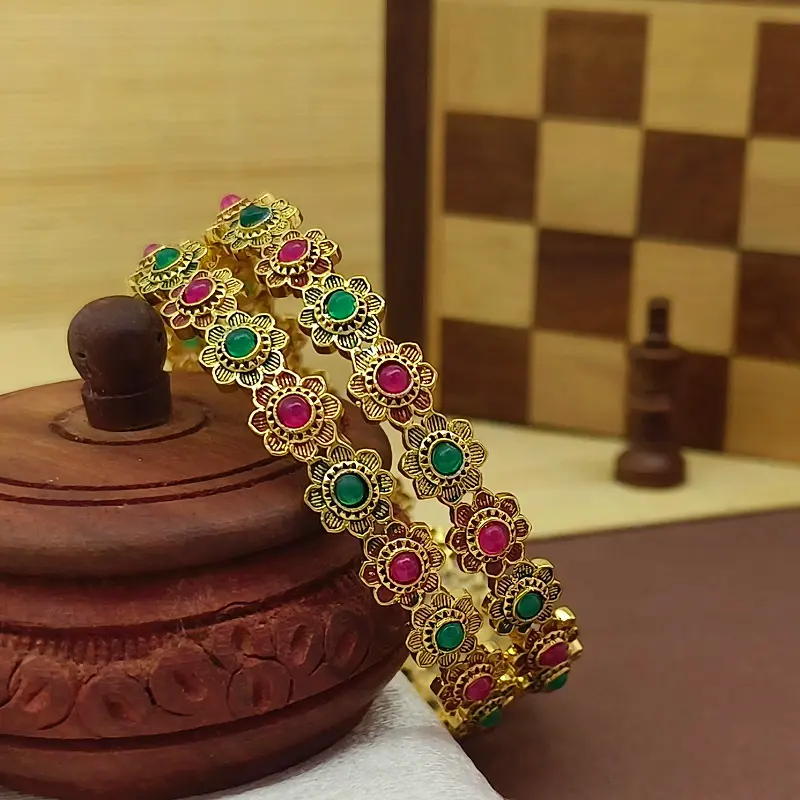 Roundly Sunflower Design Multi-Colour Oxidised Gold Plated Bangle Kadli - Image 2