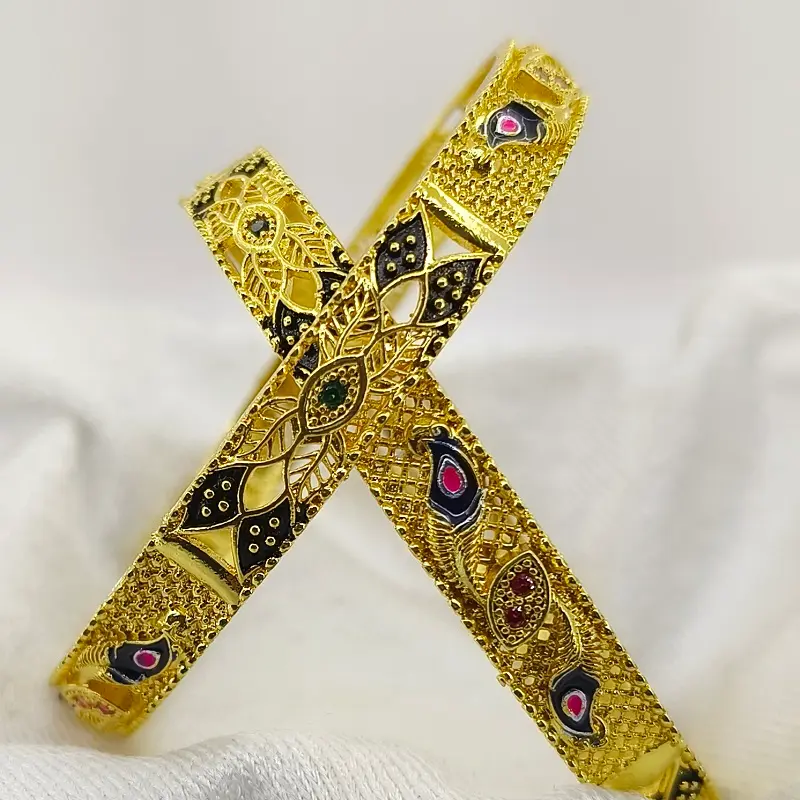 Splendid Mor Pankh Feather Gold Plated Ad Stone Bangles Kadli Kangan - Image 6