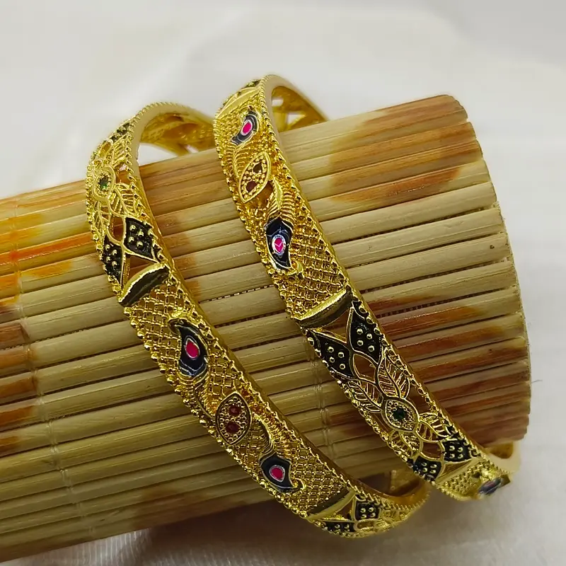Splendid Mor Pankh Feather Gold Plated Ad Stone Bangles Kadli Kangan - Image 5