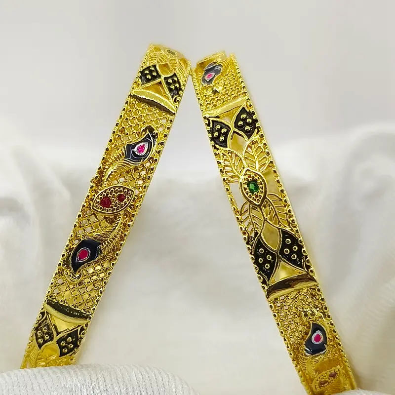 Splendid Mor Pankh Feather Gold Plated Ad Stone Bangles Kadli Kangan - Image 2