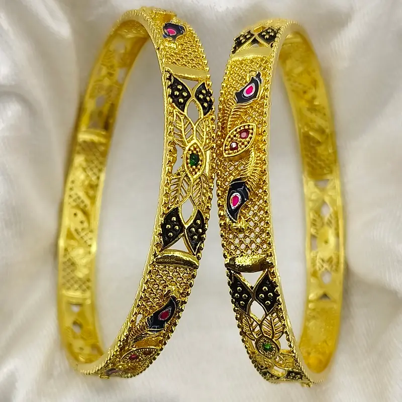 Splendid Mor Pankh Feather Gold Plated Ad Stone Bangles Kadli Kangan - Image 3