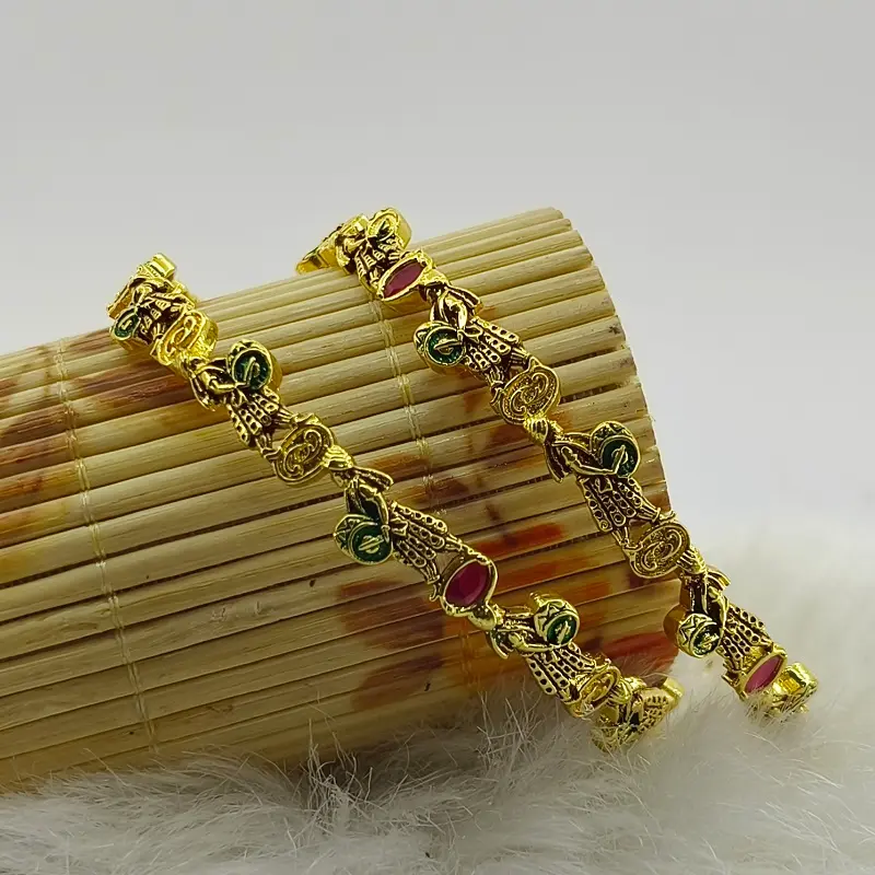 Unique Dholi Design Gold Plated Oxidised Multi Colour American Diamond Bangles - Image 6