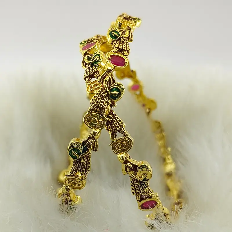 Unique Dholi Design Gold Plated Oxidised Multi Colour American Diamond Bangles - Image 4