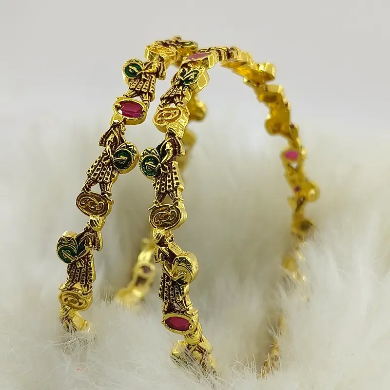 Unique Dholi Design Gold Plated Oxidised Multi Colour American Diamond Bangles - Image 5