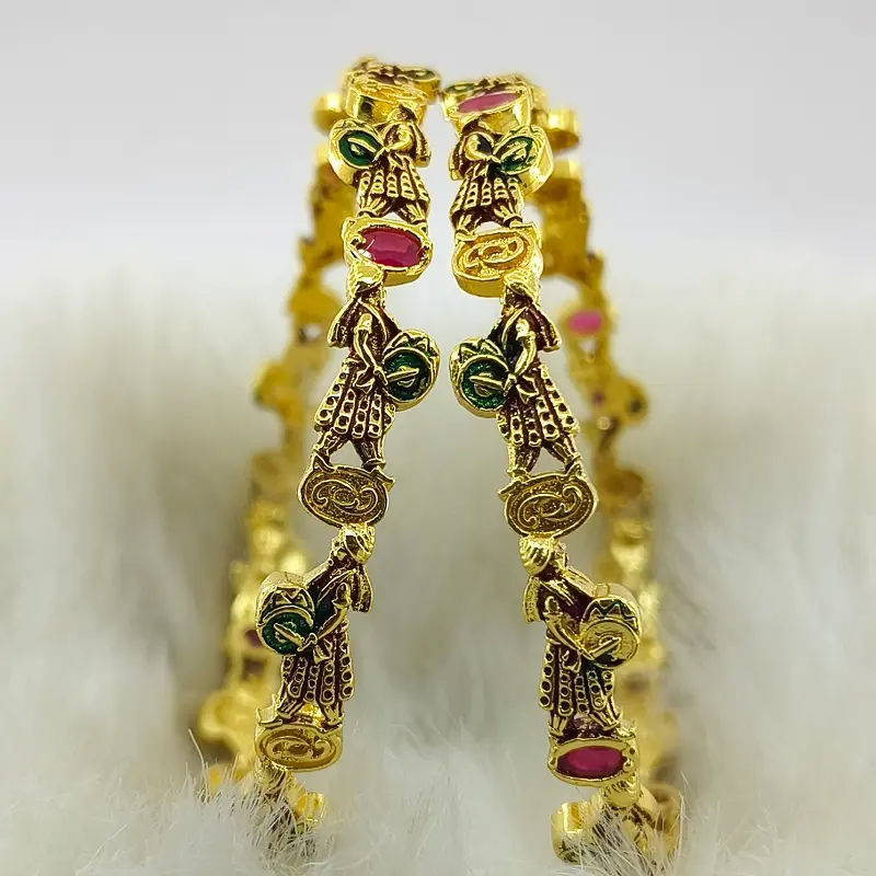 Unique Dholi Design Gold Plated Oxidised Multi Colour American Diamond Bangles - Image 2