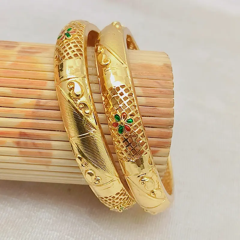 Attractive Two Carry Design Jalidar Flower Gold Plated Minakari Bangles Kadli - Image 4