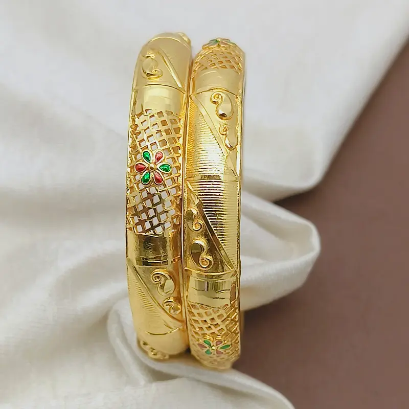 Attractive Two Carry Design Jalidar Flower Gold Plated Minakari Bangles Kadli - Image 6