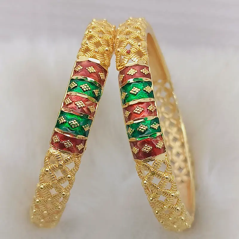 Awesome Jalidar Three Diamond Shape Meenakari Gold Plated Bangles Kadli - Image 2