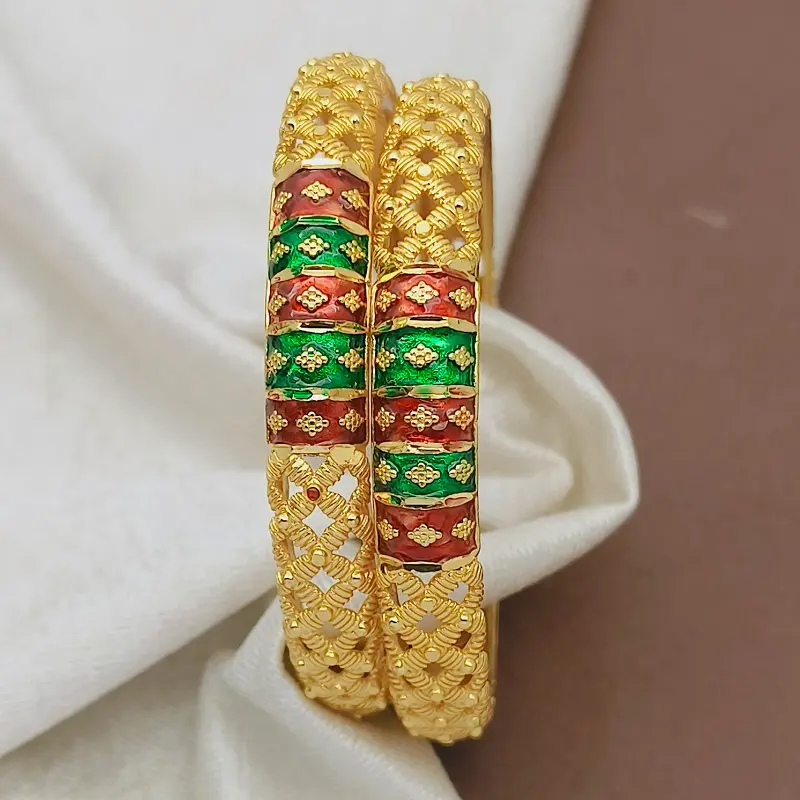 Awesome Jalidar Three Diamond Shape Meenakari Gold Plated Bangles Kadli - Image 5