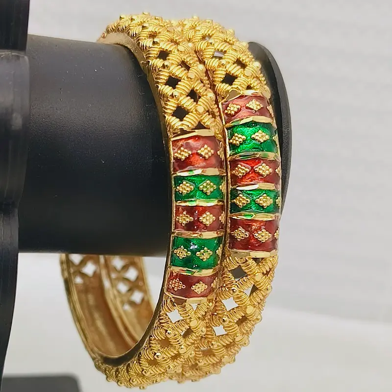 Awesome Jalidar Three Diamond Shape Meenakari Gold Plated Bangles Kadli - Image 7