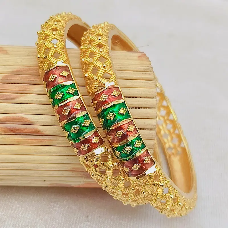 Awesome Jalidar Three Diamond Shape Meenakari Gold Plated Bangles Kadli
