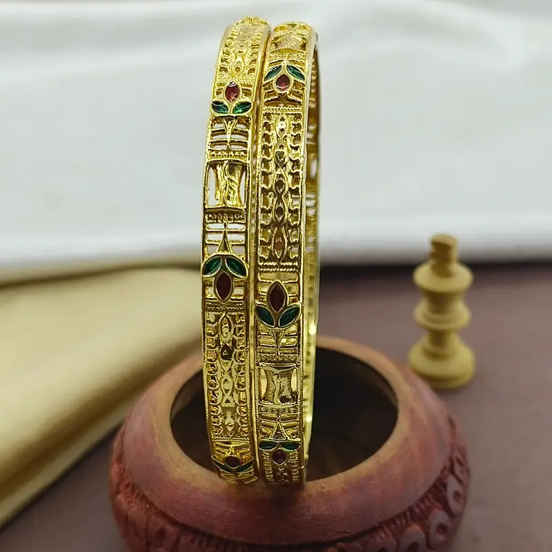 Awesome Three Leaves Jalidar With Minakari Gold Plated Bangles Kadli - Image 4