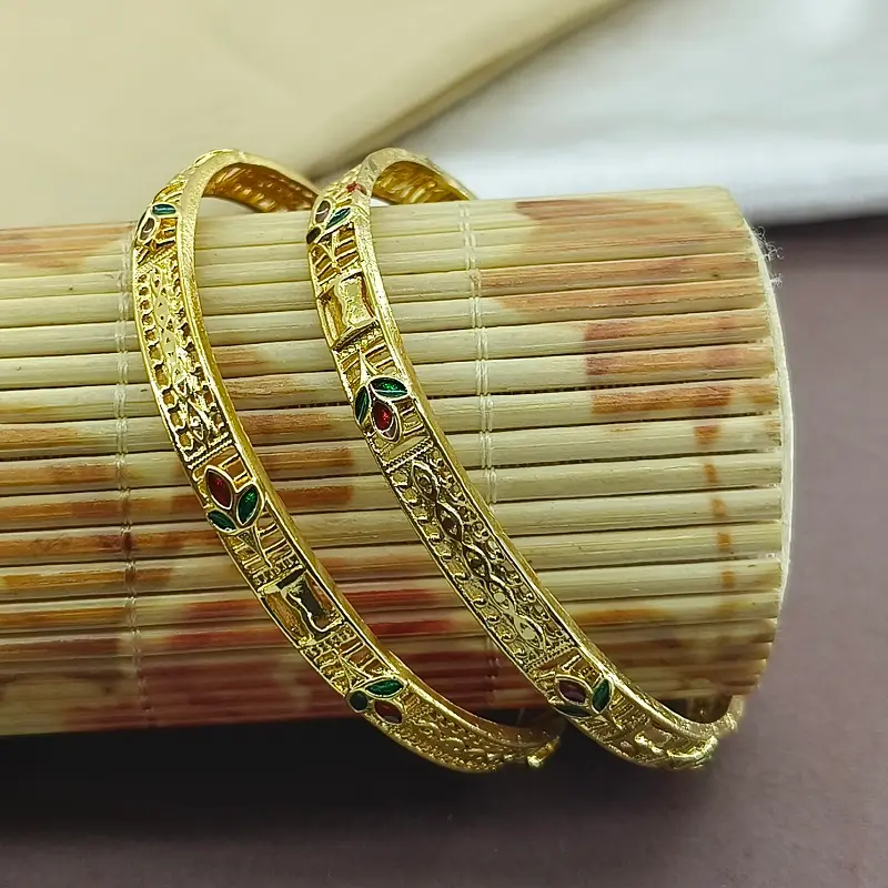 Awesome Three Leaves Jalidar With Minakari Gold Plated Bangles Kadli - Image 5