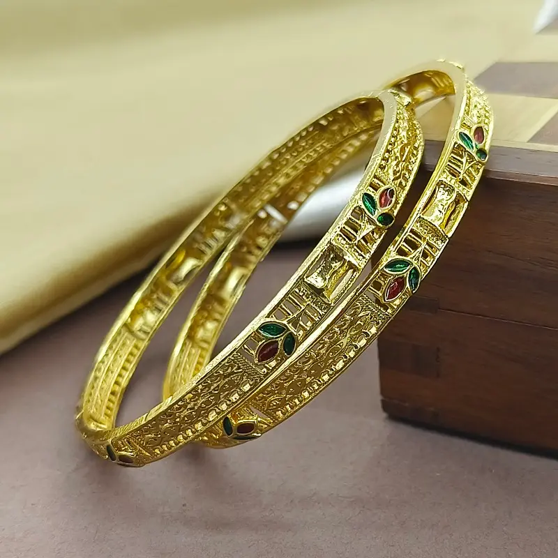 Awesome Three Leaves Jalidar With Minakari Gold Plated Bangles Kadli - Image 3